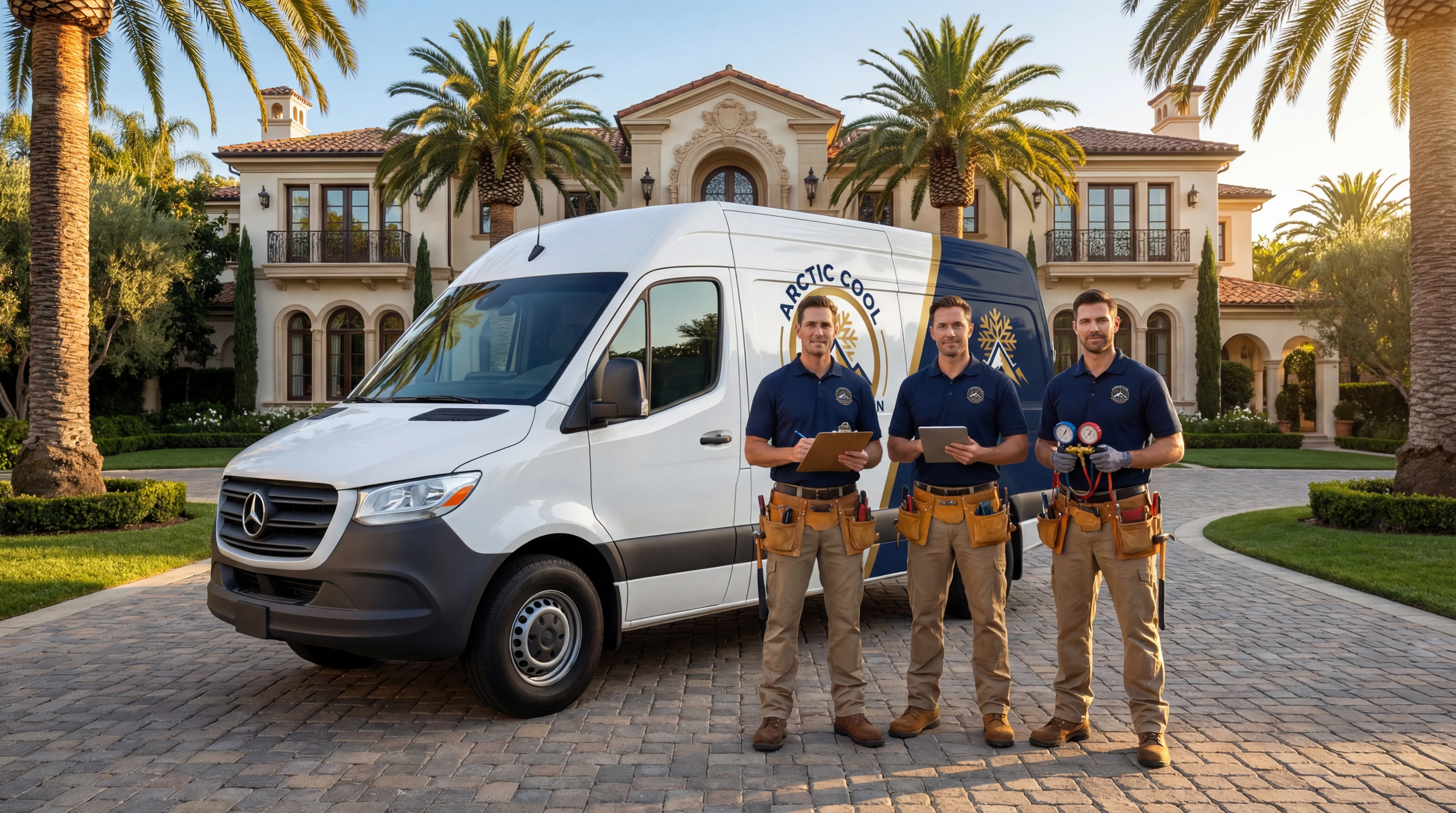 Arctic Cool Refrigeration fleet van and technicians in front of a Beverly Hills luxury home