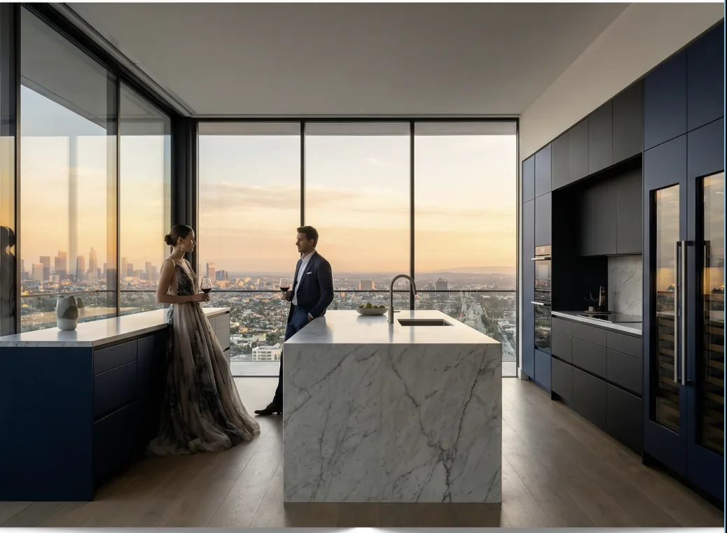 Luxury penthouse kitchen with LA skyline view — Arctic Cool Refrigeration