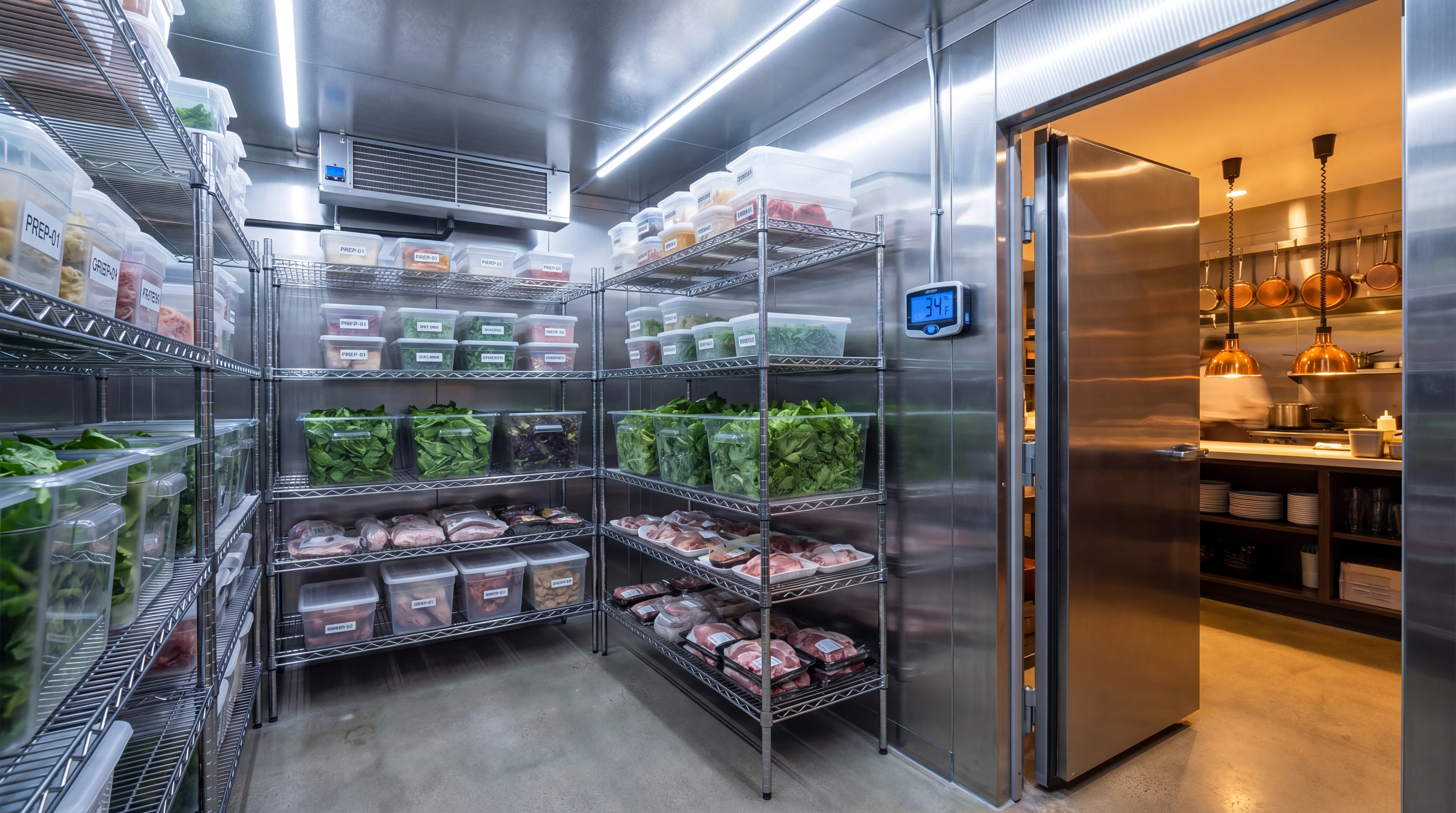 Organized commercial walk-in cooler interior with properly stored food on stainless steel shelves, ready for a California health inspection
