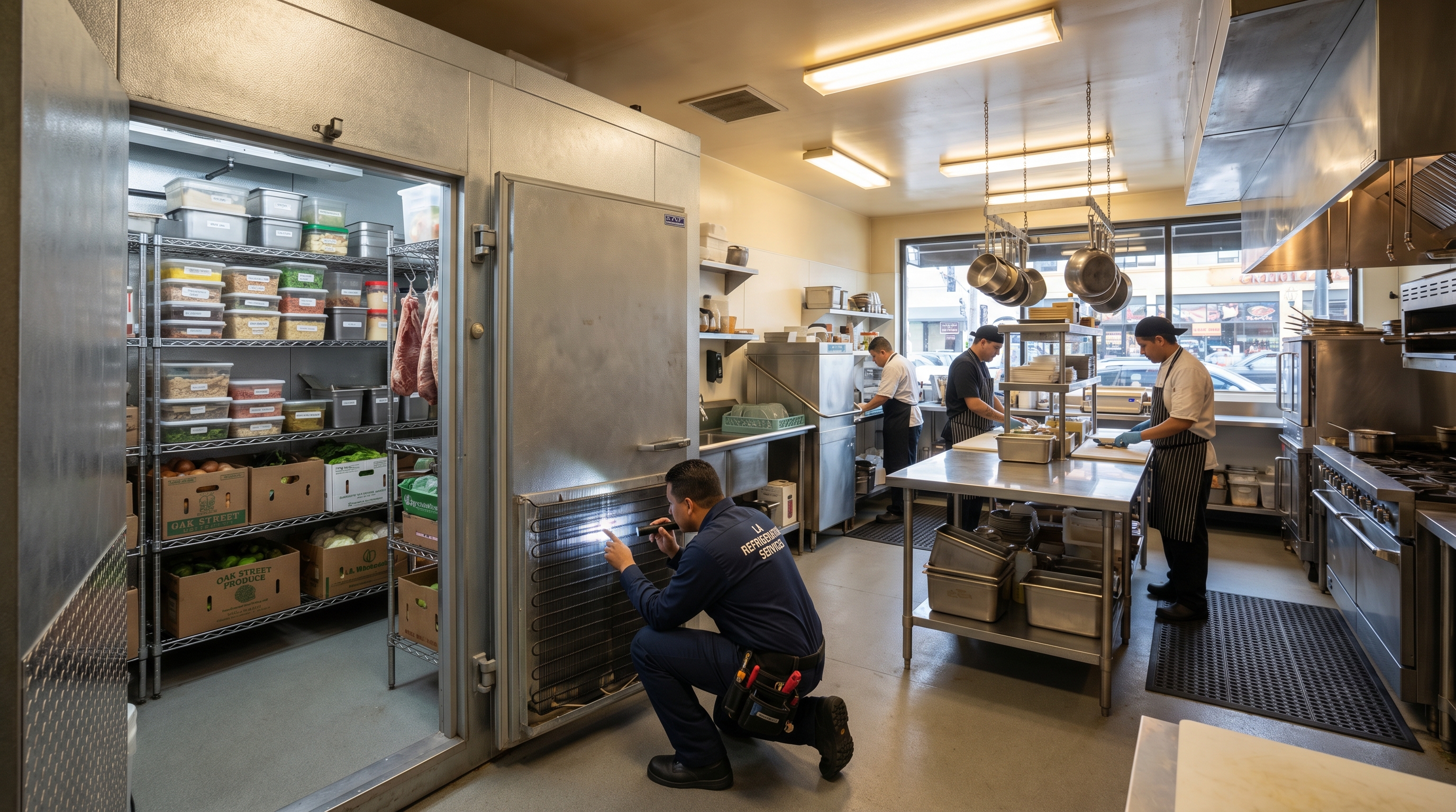 Commercial walk-in cooler repair technician inspecting condenser in Los Angeles restaurant kitchen