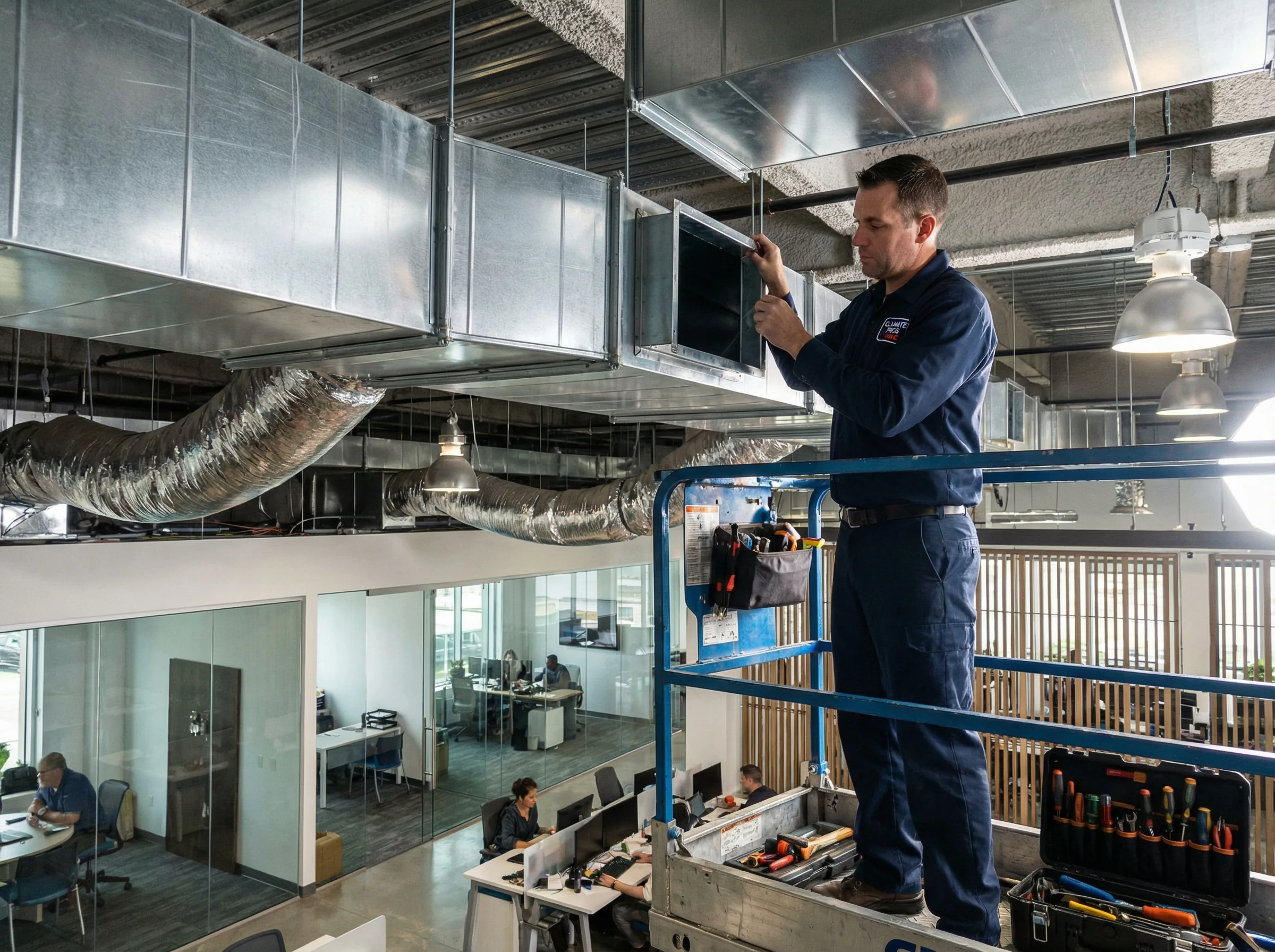HVAC rooftop unit being serviced for energy efficiency in Los Angeles