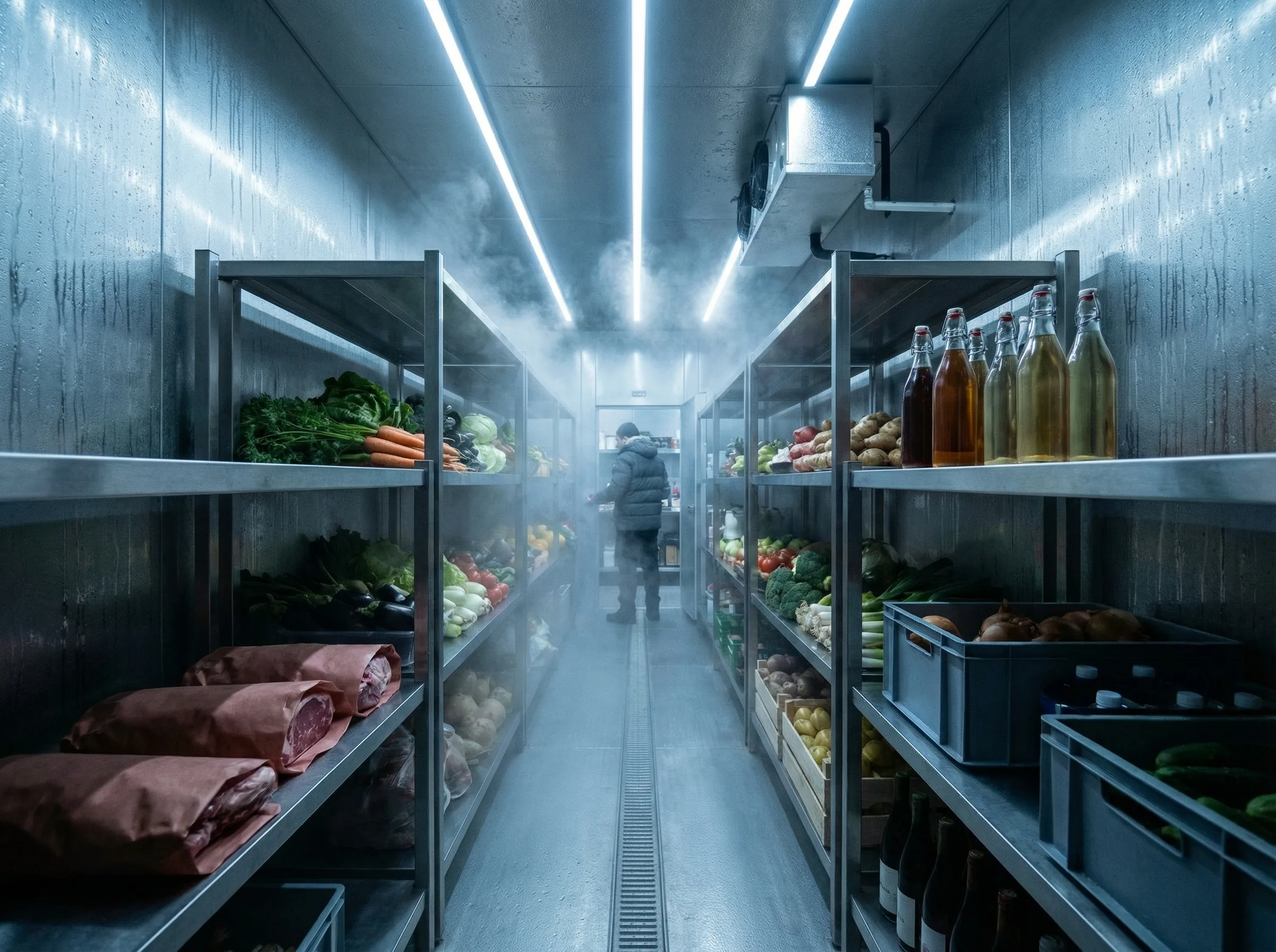 Commercial walk-in cooler interior with shelving and proper temperature display