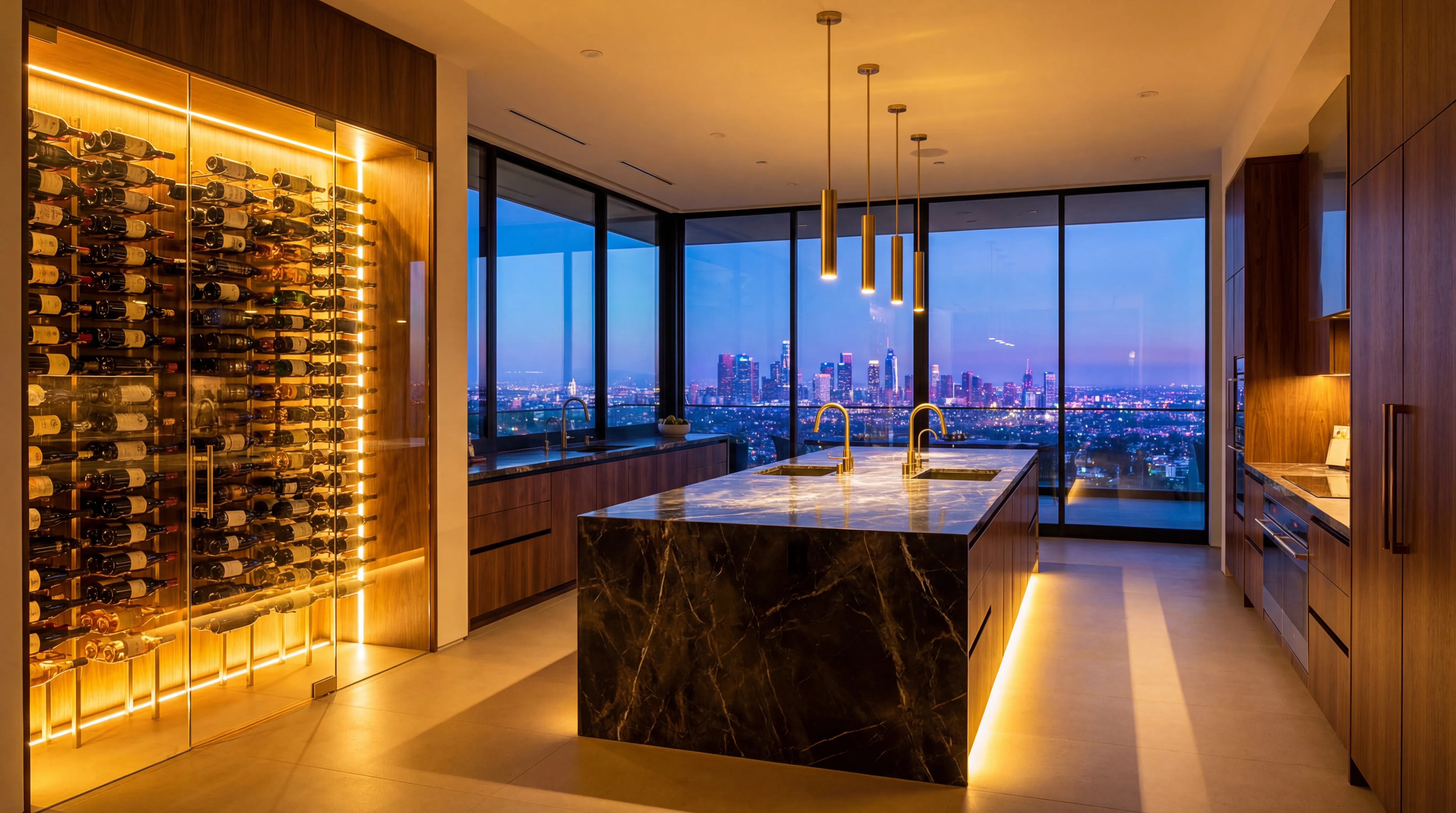 Luxury Los Angeles kitchen with wine cellar and city skyline view